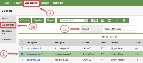 Academics tab, Assignments side-tab, student, and course selected