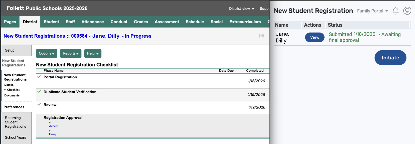 Split screen showing registration Checklist in District view, and registration's status in Aspen Go Family portal