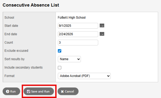 Print pop-up with Save and Run button highlighted