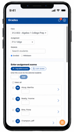 Grades screen in Staff view