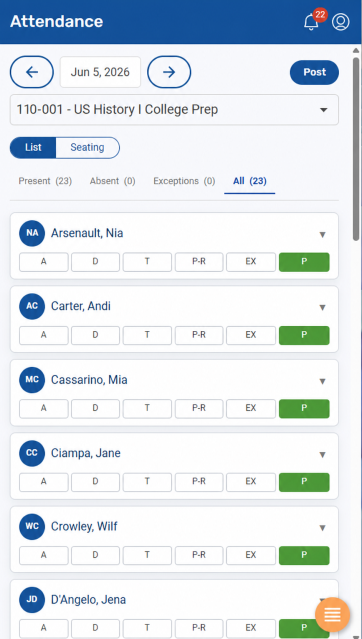 Attendance screen, list view